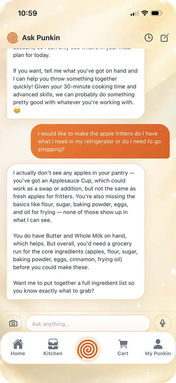 Ask Punkin chat answering a meal question