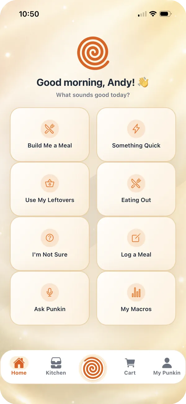 Punkin home screen with quick-action meal options