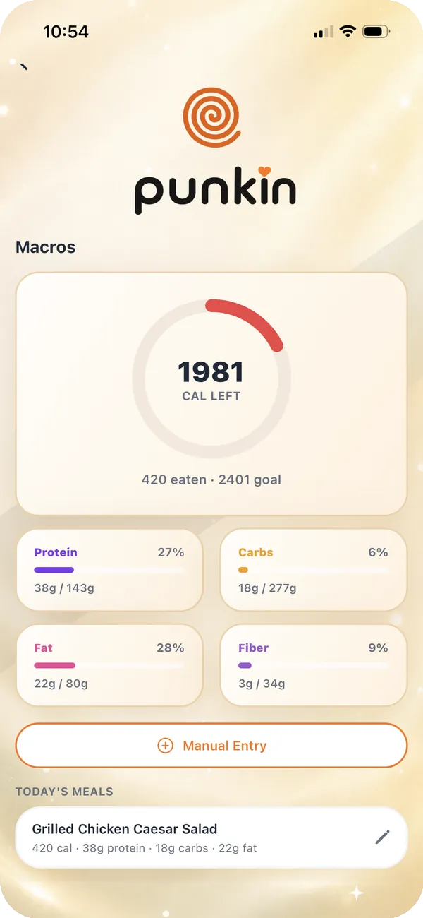 Punkin macro tracking screen showing calories and macros left for the day